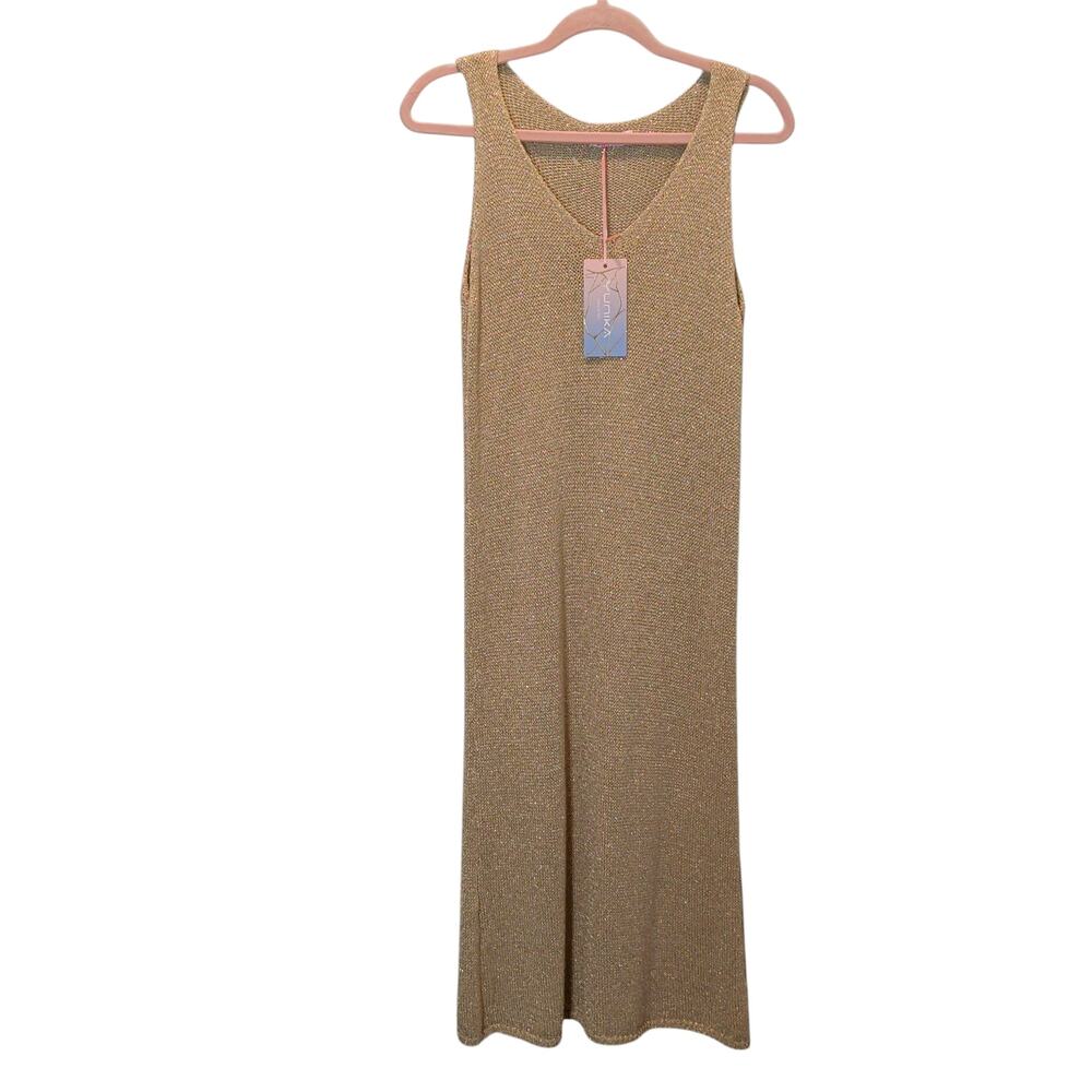 NWT Yunika Womens Sz S/M Gold Metallic Knit Maxi Dress Cover Up Sleeveless Beach